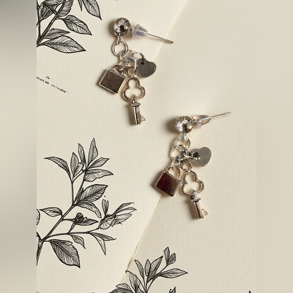 Tiny Silver Heart, Key, and Lock Dangle Earrings - Delicate Drop Earrings
